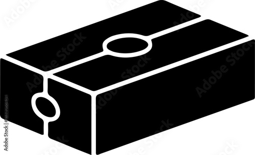 Black Glyph Icon of an Isometric Rectangular Block with Notches for Connection, Representing a Modular Component, Data Block, Building Brick, or Interlocking Element
