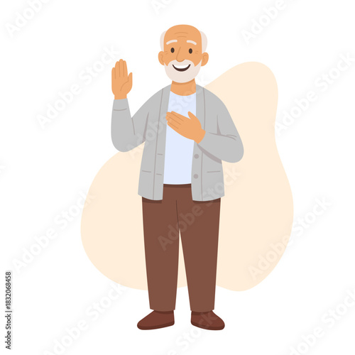 Senior man cartoon character promising with oath gesture confirming oath with silent pledge isolated full-length portrait. Trustworthiness and profound sincerity of elderly people 