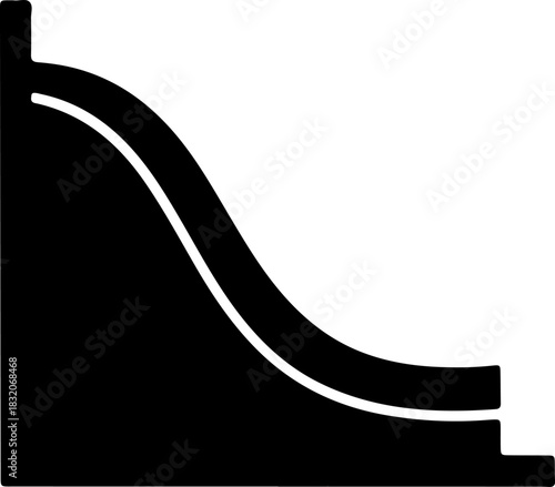 Black Silhouette Icon of a Simple Downward Curving Slide or Slope, Representing Decline, Recession, Decrease, Downfall, or a Smooth Transition
