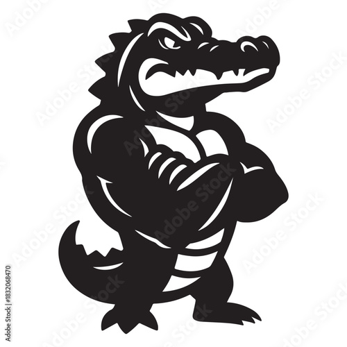 Muscular cartoon crocodile stands confidently with crossed arms and fierce expression.