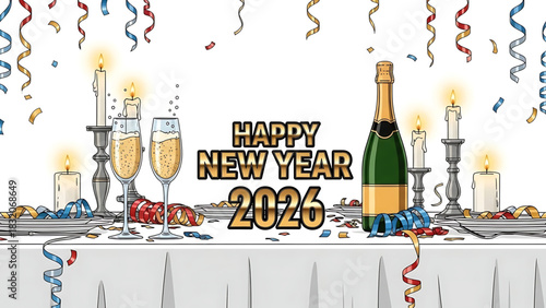 Festive Happy New Year 2026 Celebration Illustration with Champagne