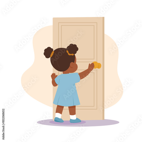Little girl child cartoon character closing opened door standing backside isolated on white background. Female preschool kid experiencing entrance or exit movement daily action 
