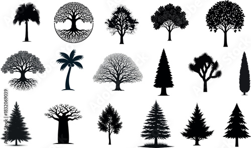 Diverse tree silhouettes collection for landscape design and illustration