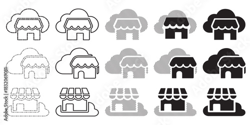 Set of icons depicting cloud-based store, in various shades and styles.