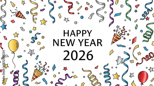 Happy New Year 2026 celebration with colorful confetti and serpentine ribbons.