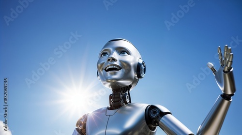 advanced AI robot waving against sunny blue sky for use in innovation and robotics illustrations