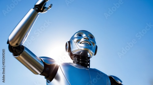 futuristic humanoid robot waving under bright sun in clear blue sky for use in technology and AI concepts