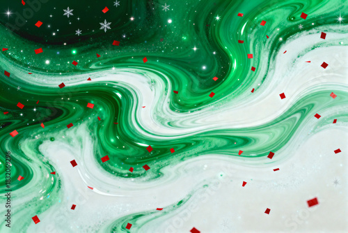 AI generated images. Green and white swirls with red conffeti. Christmas background