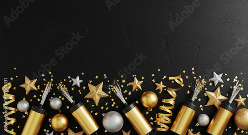 Festive celebration composition with confetti poppers and decorations