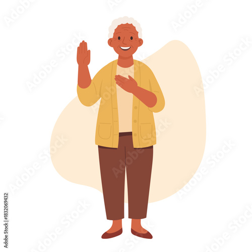 Positive elderly woman cartoon character promising with oath gesturing trustworthy hand sign isolated full-length portrait. Old people dignified honesty and reliable commitment 