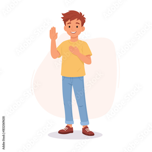 Teenage boy cartoon character giving truthful promise with oath gesture isolated full-length portrait. Honest teenager performing youthful pledges and serious declaration of intent 