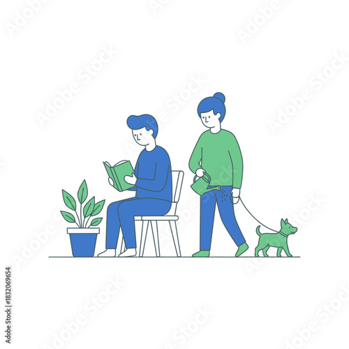 Minimalist illustration depicting leisure activity with reading, gardening, and pet companionship