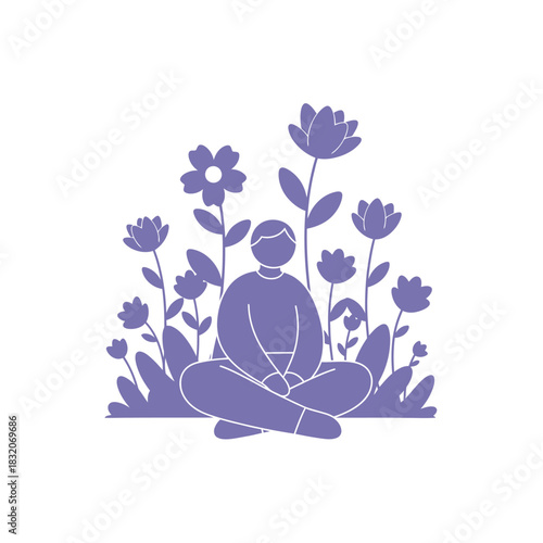 Person meditating in a field of flowers conveys serenity and connection to nature