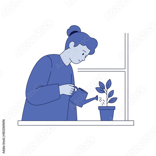 Serene indoor gardening: A woman nurturing plant life at her window sill retreat