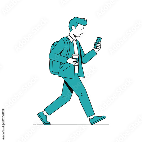 Urban commuter engrossed in smartphone strides forward with coffee and backpack line art