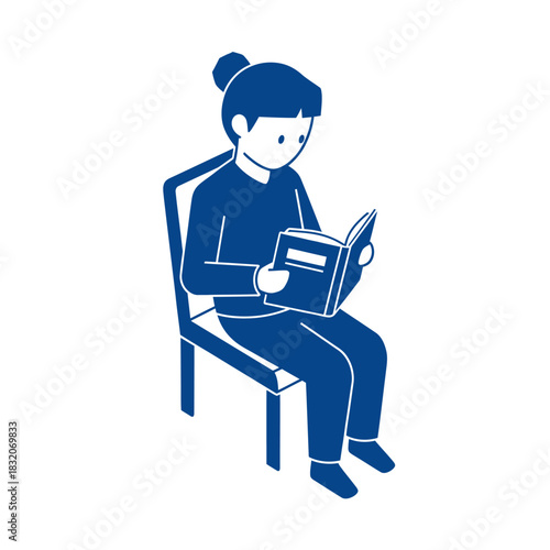 Isometric illustration of person reading a book while sitting on a chair in relaxed posture