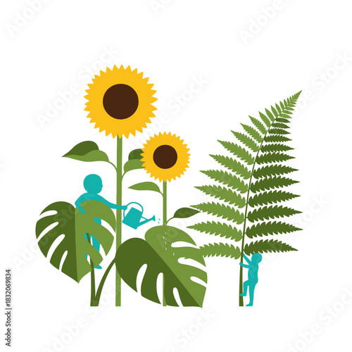 Symbolic harmony of nature and nurture represented by sunflowers and silhouette figures