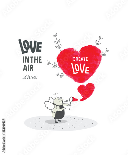Vector cartoon sketch of Angel blow heart-shaped soap bubble. Concept of assistance, care, philanthropy and support. Giving and sharing love, donating.Self-Love, Mental Health, positive Psychotherapy.