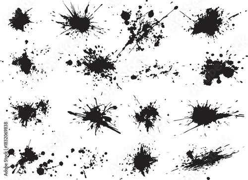Black Ink Splatter and Paint Drip Grunge Elements Set, Vector Set of Abstract Ink Blobs, Paint Splashes, and Grunge Stains