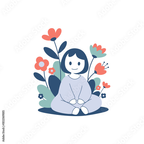 Serene childlike figure amidst floral abundance evoking peacefulness and quiet contemplation