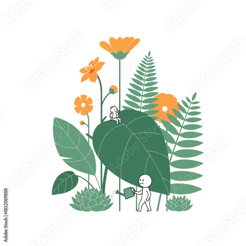 Whimsical botanical illustration featuring a tiny character tending to fantastical foliage