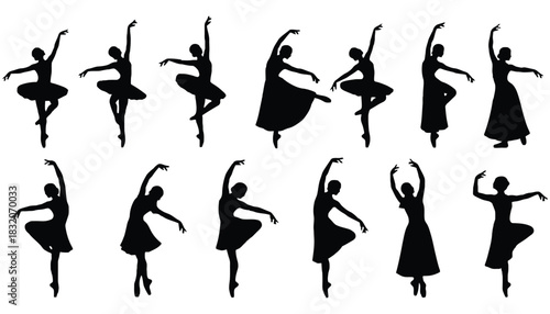 Silhouette of several ballerinas in various poses on a white background