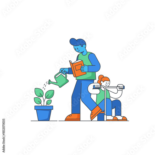 Nurturing growth father waters plant reading with daughter gardening activity