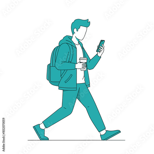 Stylized illustration of a young adult using smartphone while walking outdoors carrying a drink