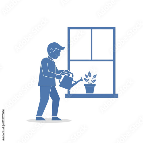 Stylized illustration of a man tending to a potted plant by the window