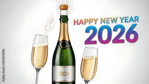 Happy New Year 2026 illustration with celebratory champagne bottle and glasses.