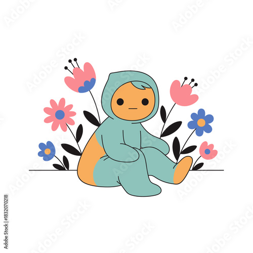 Charming illustration of a baby surrounded by cheerful flowers in pastel colors perfect for