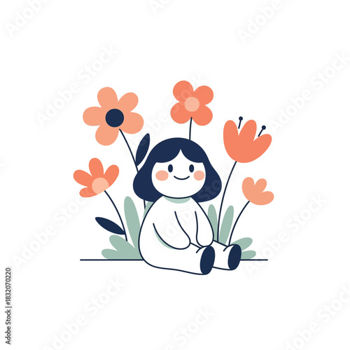 Adorable illustration of a happy little girl surrounded by pastel flowers in a garden
