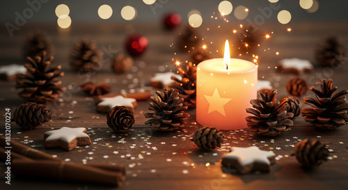 Festive holiday decoration with candle and pinecones