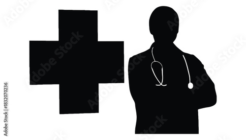 Silhouette of doctor with stethoscope and medical cross symbol art