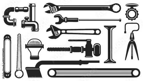 Collection of plumbing tools and fixtures in black and white style