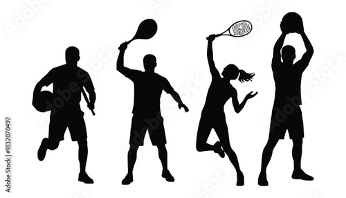 Silhouettes of people playing various sports on a white background