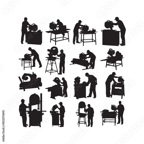 carpenter with sawing machine silhouettes collection, carpenter silhouette, worker vector, woodworking, workshop tools, craftsman