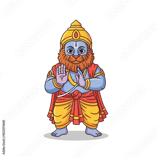 Illustrative Lord Narasimha Avatar with a lion face, hands folded in prayer, isolated on white for captivating spiritual designs