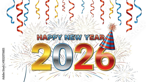 Festive Happy New Year 2026 celebration graphic on bright white backdrop