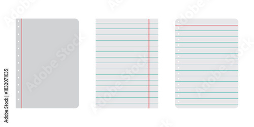 Notebook lined paper note on white background. Set of vector sheets of lined paper with border isolated on a vector illustration. EPS 10.