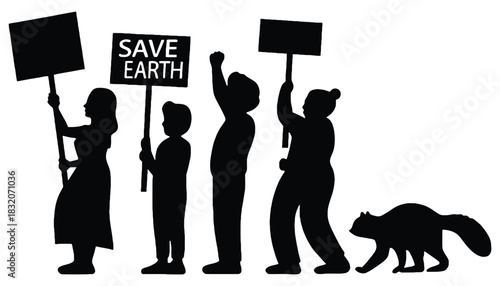 Silhouettes of people protesting with signs and a raccoon following