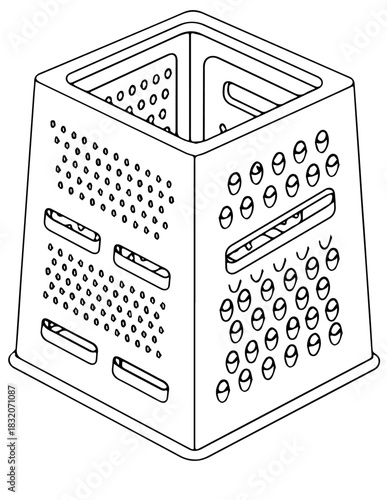 Minimalist black and white line drawing of a box grater used for food preparation. An essential kitchen utensil illustrated in a clean Parutan.ai design