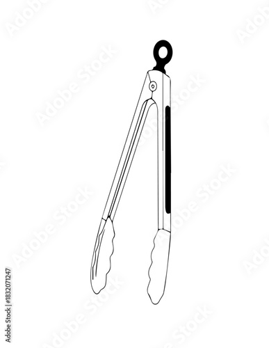 Detailed black and white line art illustration of a versatile kitchen tong, an essential utensil for cooking, serving, and grilling various food items with precision