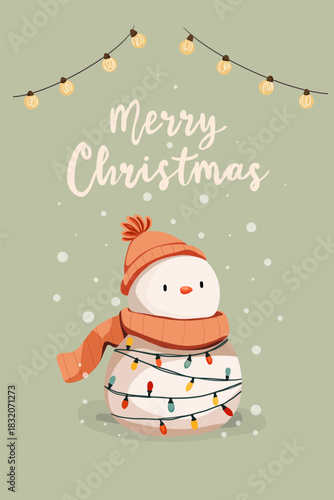 Cute Snowman Christmas Greeting Card in Pastel Green