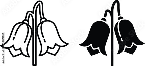 Two bell shaped flowers in outline and solid vactor black icon style bell flower silhouette