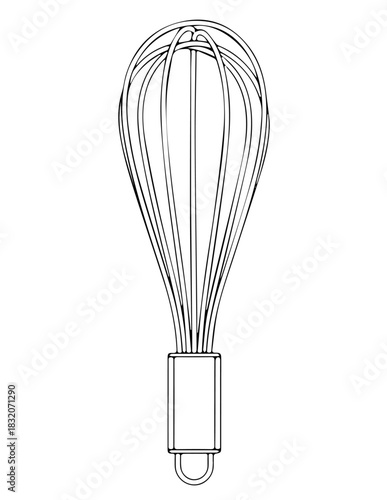 A detailed wireframe illustration of a kitchen balloon whisk, a minimalist vector icon for cooking and baking. Digital culinary tool design