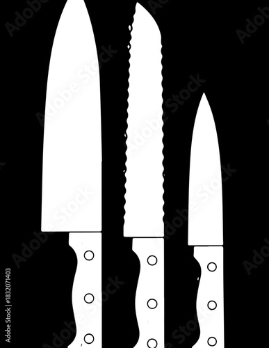 Essential kitchen knife set icon featuring a chef's knife, serrated blade, and paring knife in a clean vector style. A Knife.ai concept for modern culinary tools