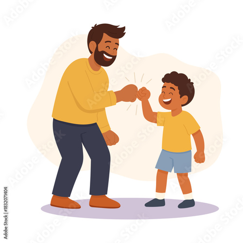 Happy father and son demonstrating energetic fist bump gesture experiencing highly positive relationships and bonding. Parent and kid mutual respect and support. Flat vector illustration