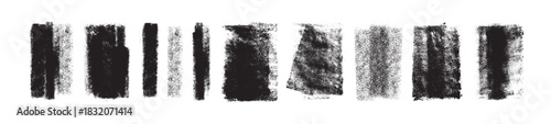 A set of grunge stamp textures, black paint with a roller texture. Vintage dirty rectangular backgrounds, linocut prints, embossed noisy surfaces, vector illustrations on a transparent background.