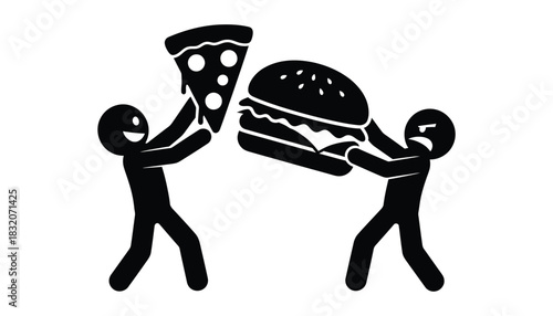 Stick figures fighting over pizza and burger in black and white design